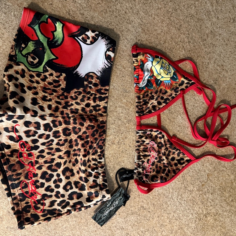 Ed Hardy Leopard Print Bikini Set with Red Trim
